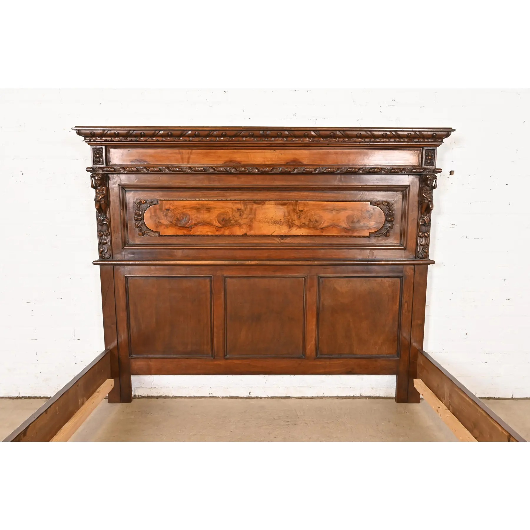 Antique Italian Renaissance Revival Carved Walnut and Burl Wood Queen Size Bed, Circa 1900 - Image 6