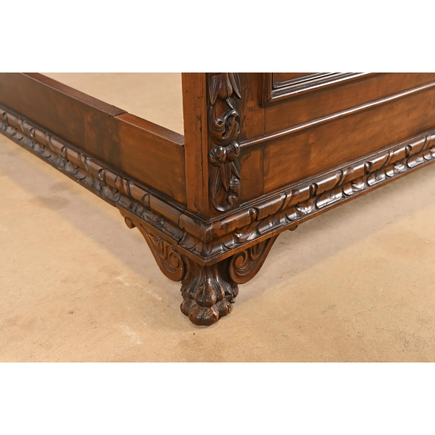 Antique Italian Renaissance Revival Carved Walnut and Burl Wood Queen Size Bed, Circa 1900 - Image 8
