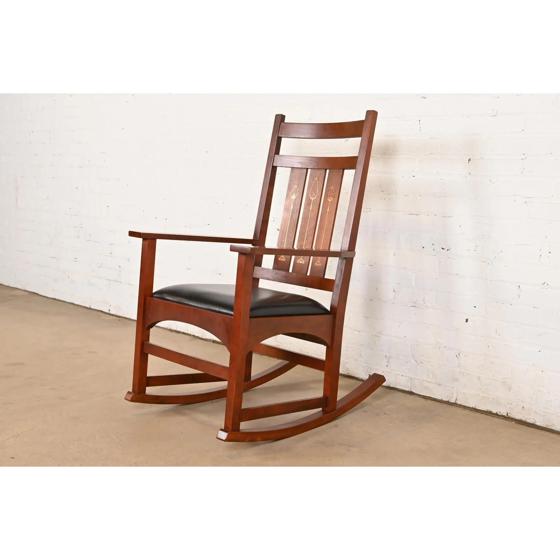 Stickley Harvey Ellis Collection Mission Arts & Crafts Inlaid Cherry Wood and Leather Rocking Chair - Image 3