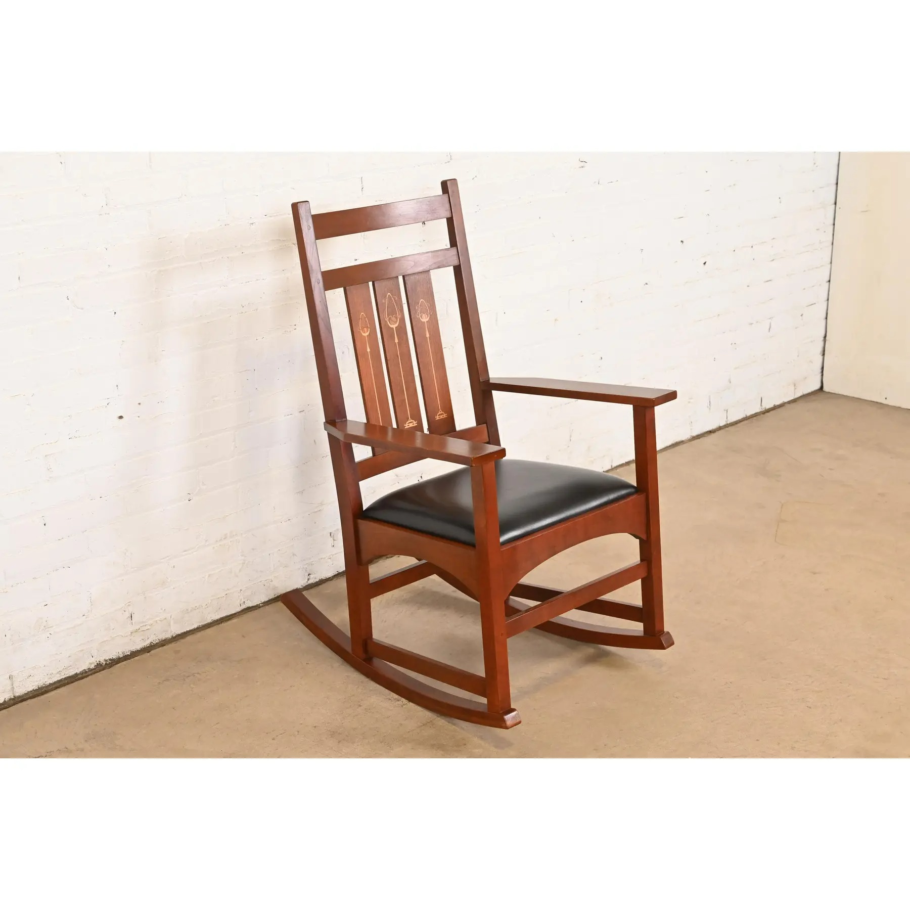 Stickley Harvey Ellis Collection Mission Arts & Crafts Inlaid Cherry Wood and Leather Rocking Chair - Image 4