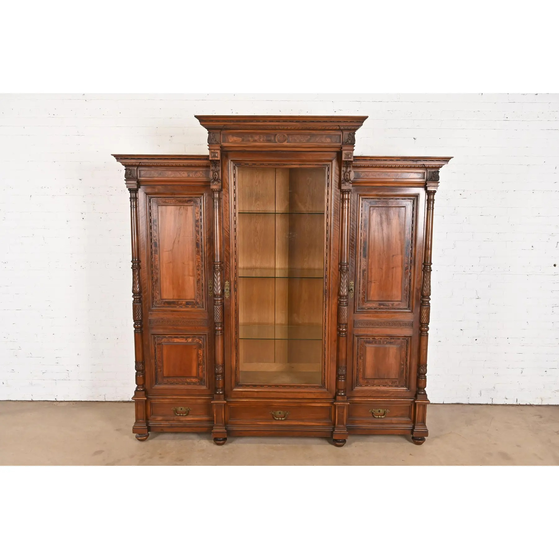 Herter Brothers Style Monumental Antique Eastlake Victorian Carved Walnut and Burl Wood Triple Bookcase Cabinet - Image 2