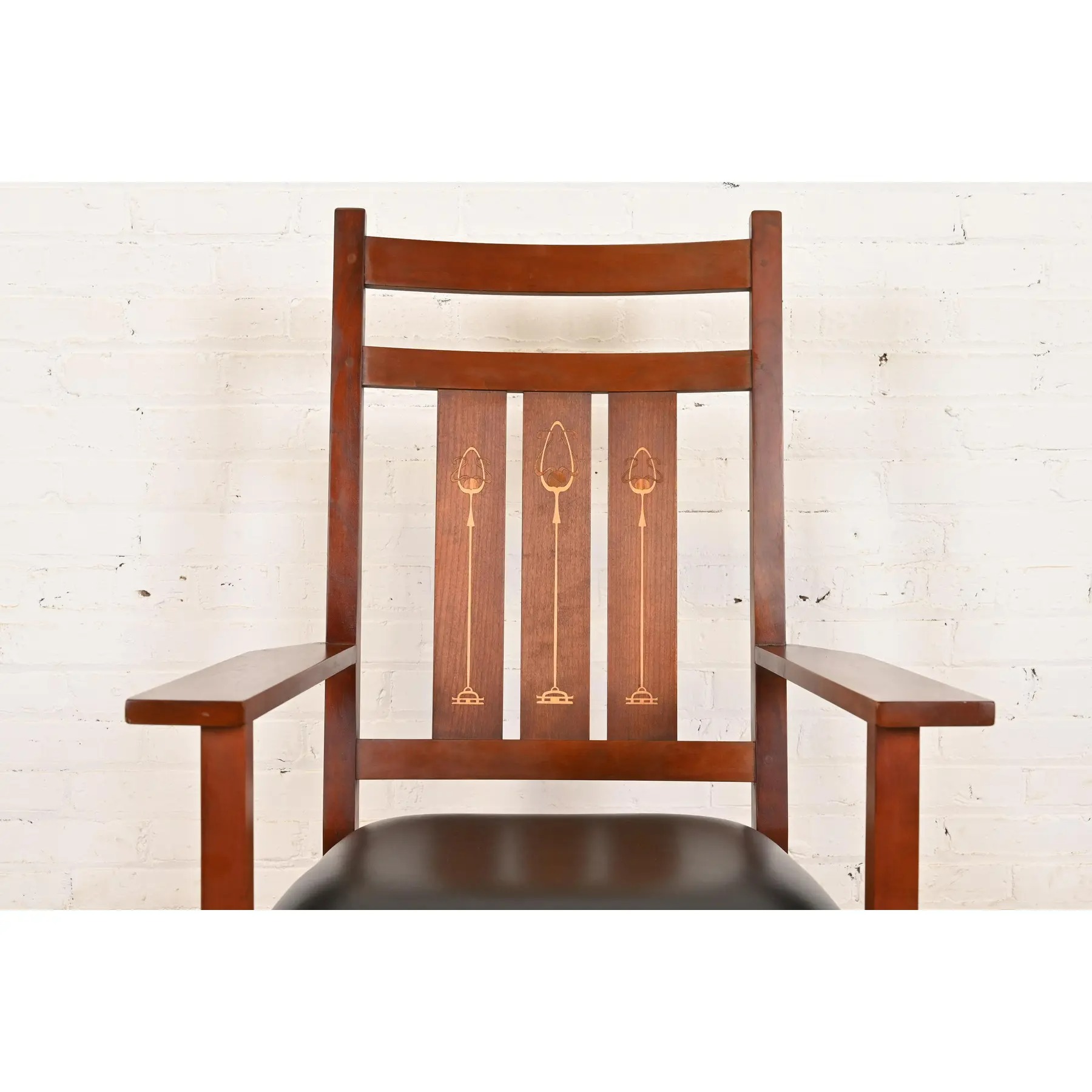 Stickley Harvey Ellis Collection Mission Arts & Crafts Inlaid Cherry Wood and Leather Rocking Chair - Image 6