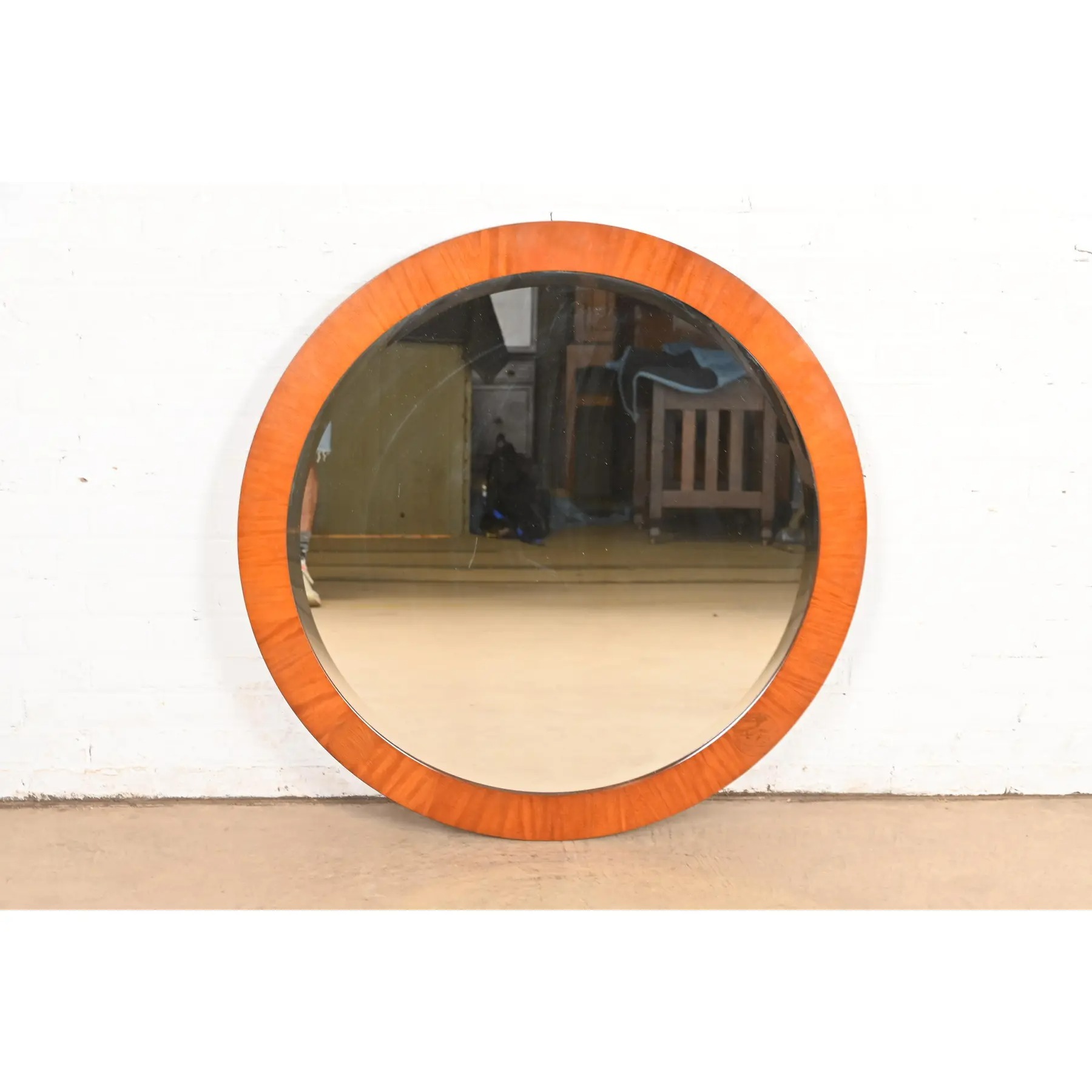 Charles Pfister for Baker Furniture Art Deco Primavera and Burl Wood Large Round Wall Mirror - Image 3