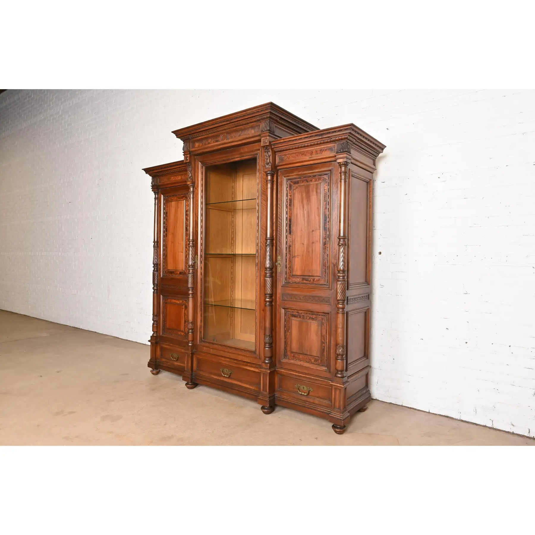 Herter Brothers Style Monumental Antique Eastlake Victorian Carved Walnut and Burl Wood Triple Bookcase Cabinet - Image 3