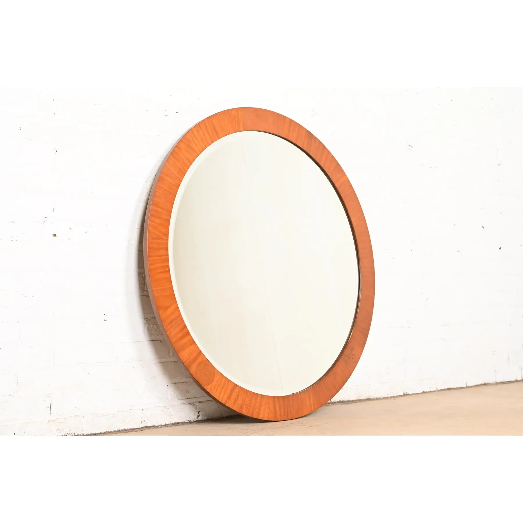 Charles Pfister for Baker Furniture Art Deco Primavera and Burl Wood Large Round Wall Mirror - Image 4