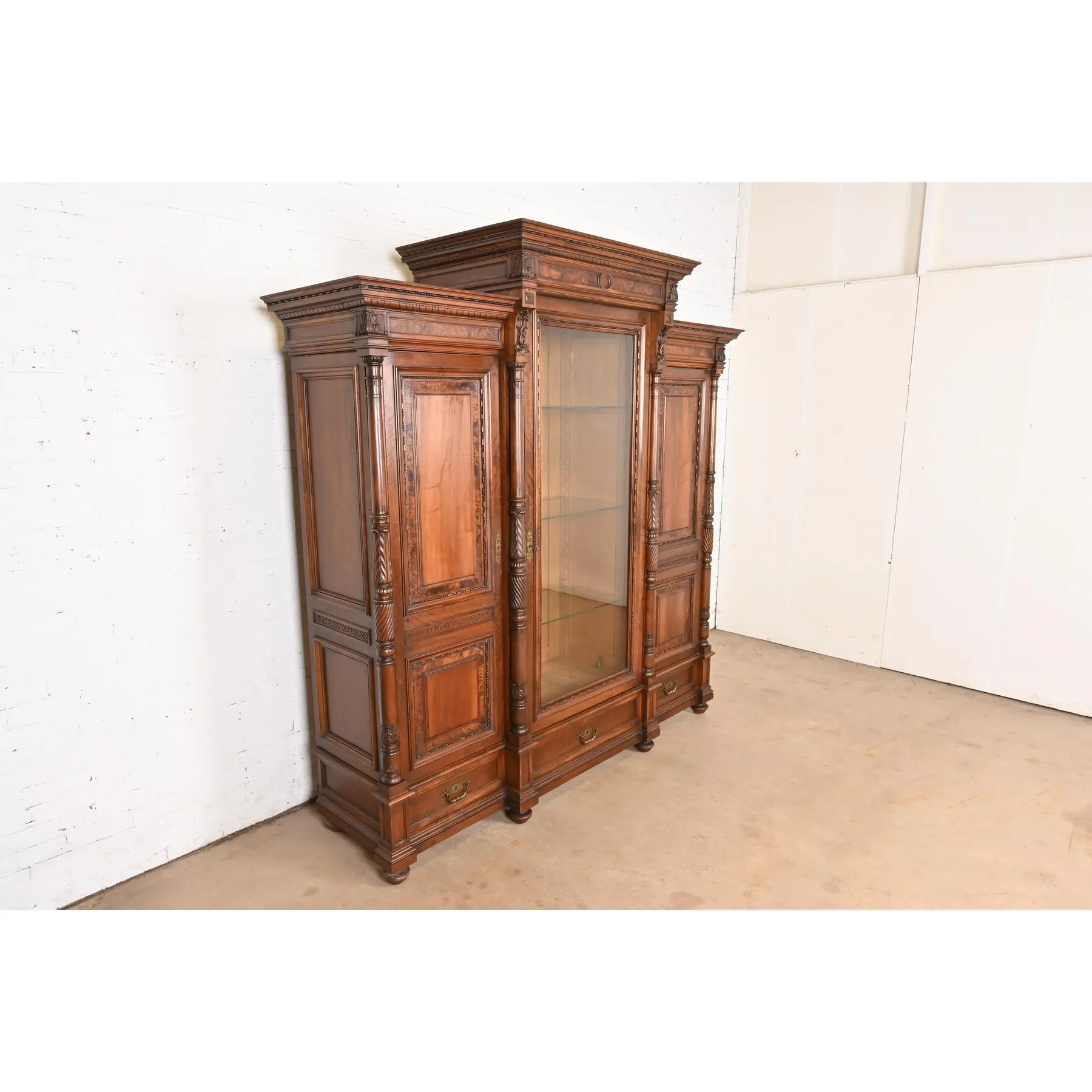 Herter Brothers Style Monumental Antique Eastlake Victorian Carved Walnut and Burl Wood Triple Bookcase Cabinet - Image 4