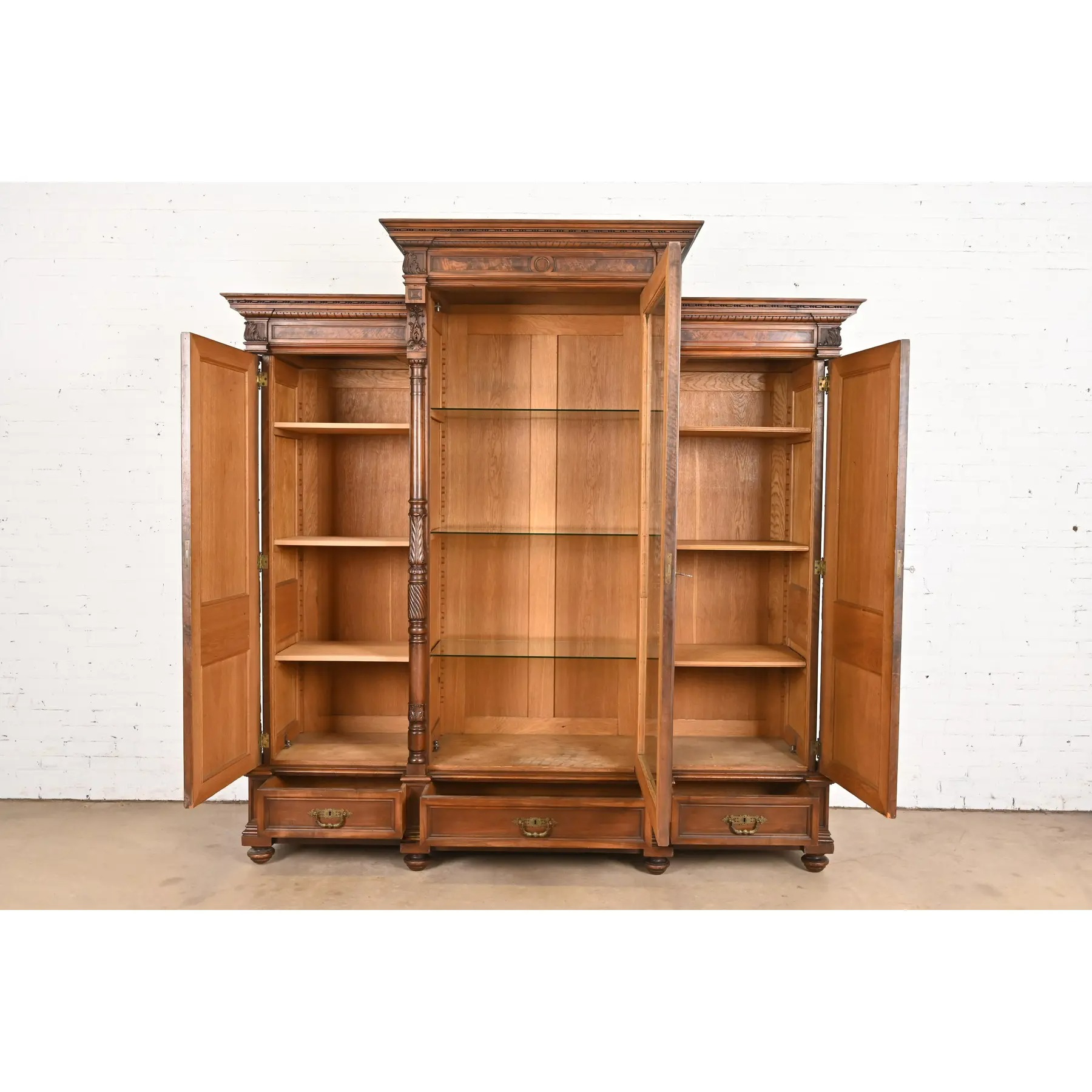 Herter Brothers Style Monumental Antique Eastlake Victorian Carved Walnut and Burl Wood Triple Bookcase Cabinet - Image 5