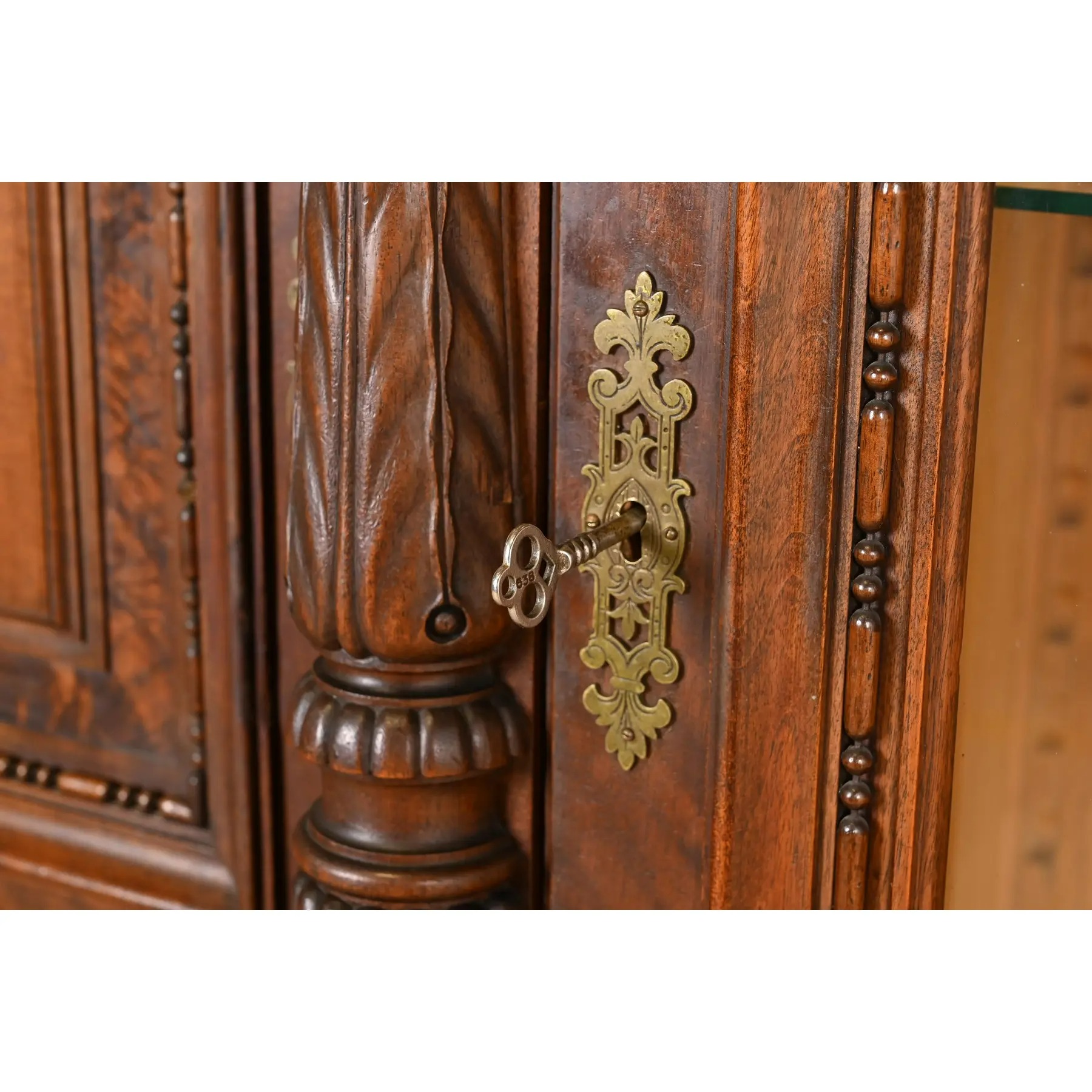 Herter Brothers Style Monumental Antique Eastlake Victorian Carved Walnut and Burl Wood Triple Bookcase Cabinet - Image 8