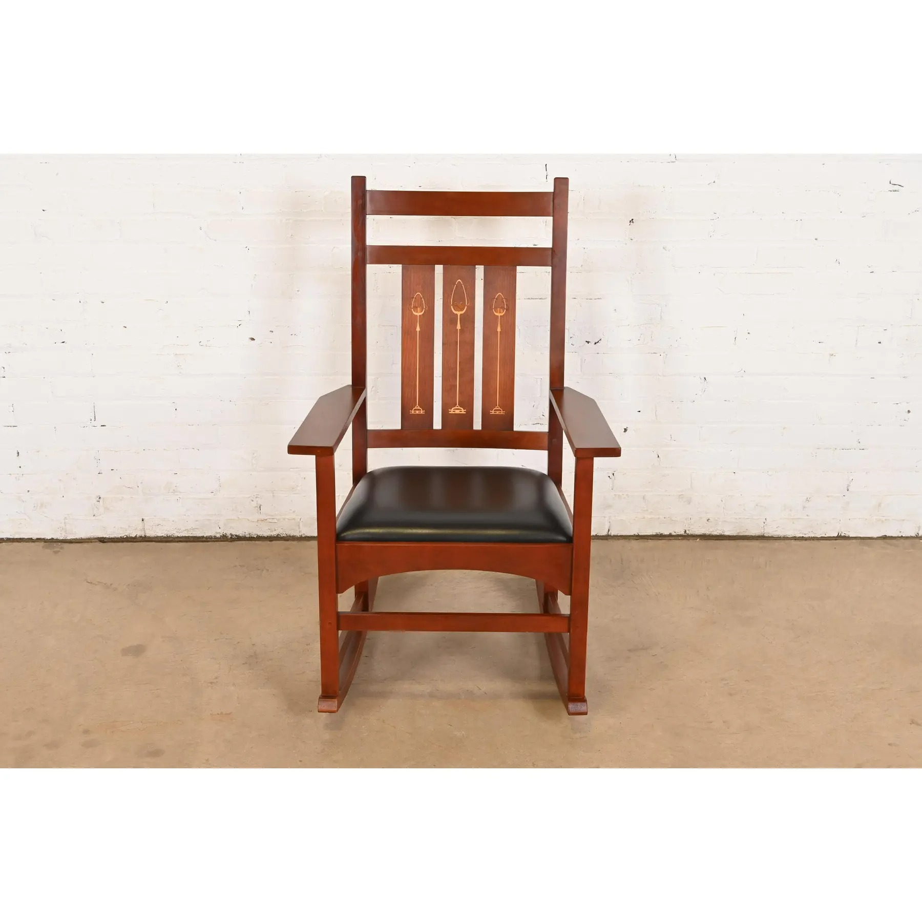 Stickley Harvey Ellis Collection Mission Arts & Crafts Inlaid Cherry Wood and Leather Rocking Chair - Image 2
