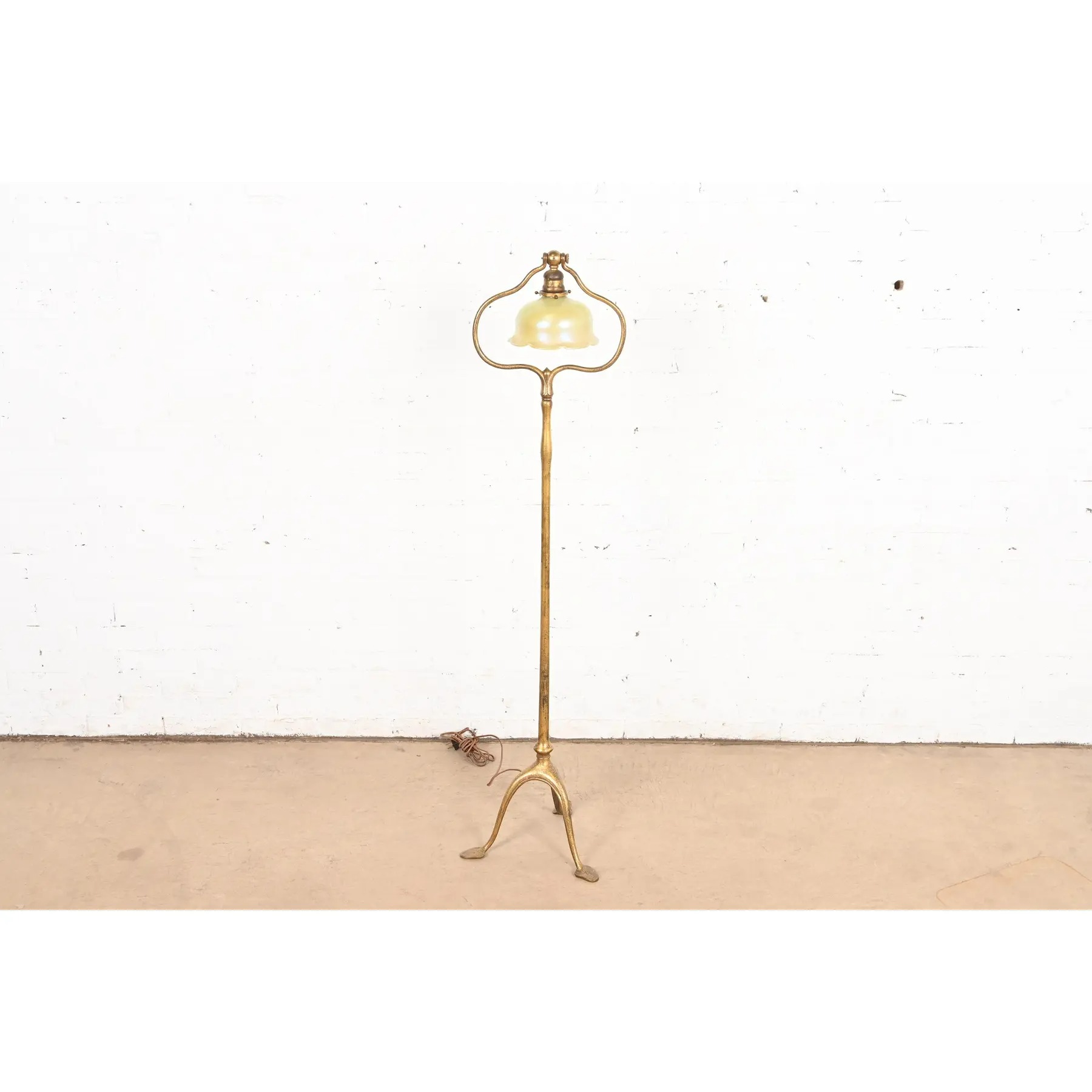 Tiffany Studios New York Gilt Bronze Harp Floor Lamp With Favrile Glass Shade