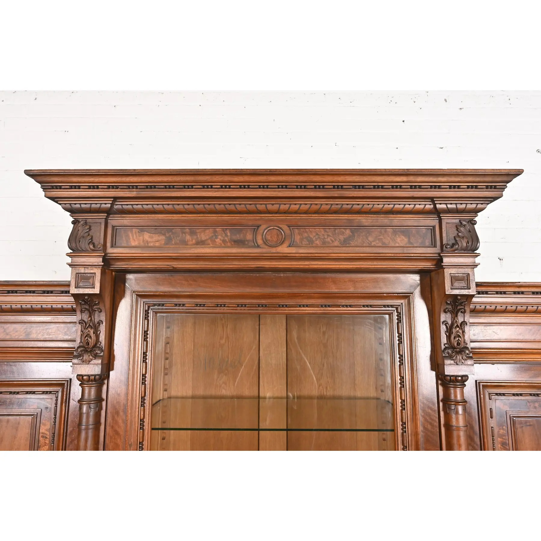 Herter Brothers Style Monumental Antique Eastlake Victorian Carved Walnut and Burl Wood Triple Bookcase Cabinet - Image 9
