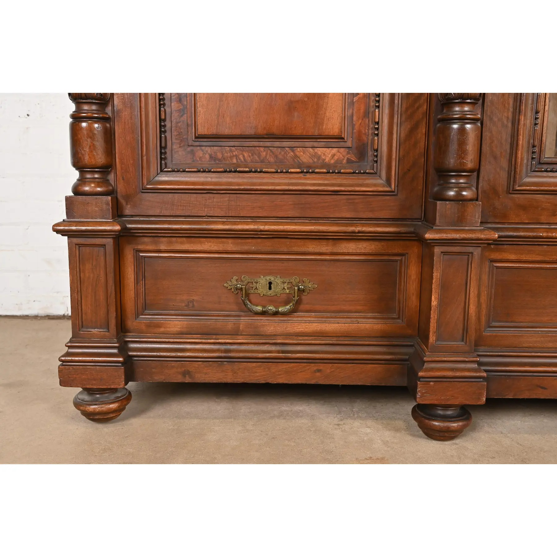 Herter Brothers Style Monumental Antique Eastlake Victorian Carved Walnut and Burl Wood Triple Bookcase Cabinet - Image 10
