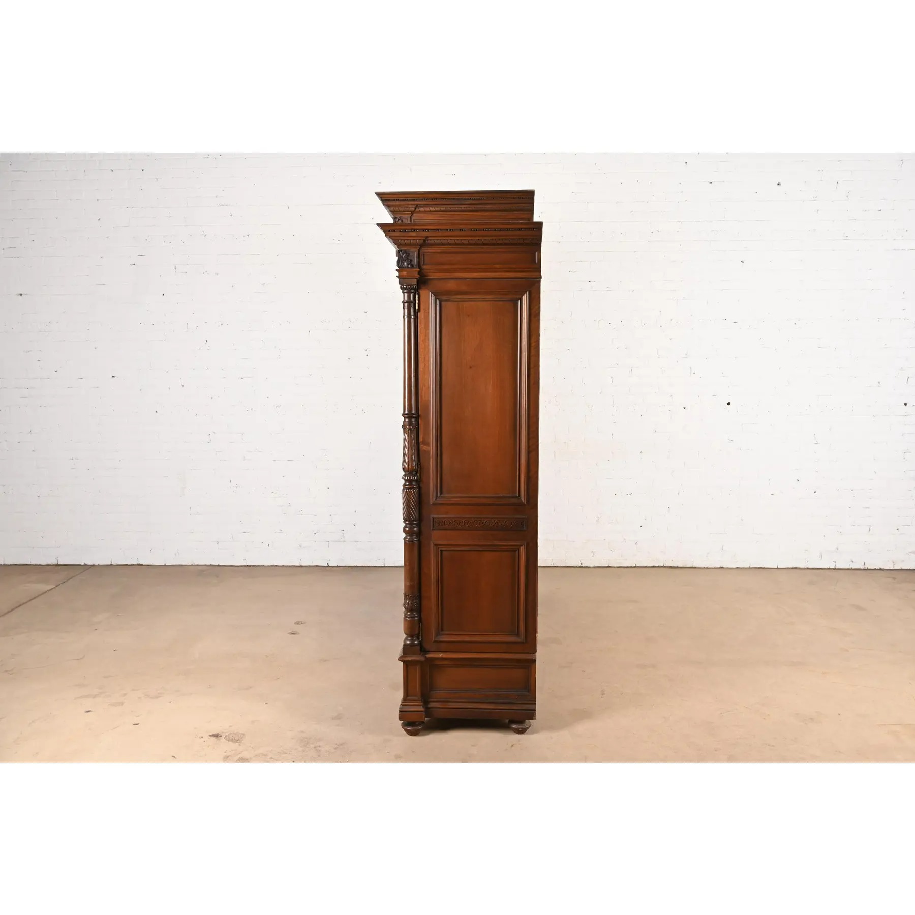 Herter Brothers Style Monumental Antique Eastlake Victorian Carved Walnut and Burl Wood Triple Bookcase Cabinet - Image 11