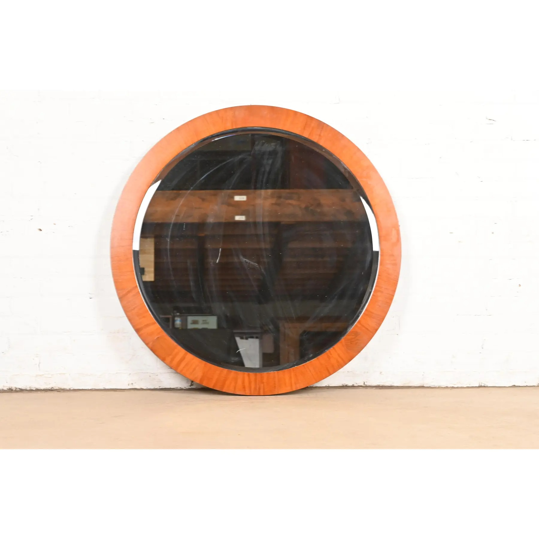 Charles Pfister for Baker Furniture Art Deco Primavera and Burl Wood Large Round Wall Mirror
