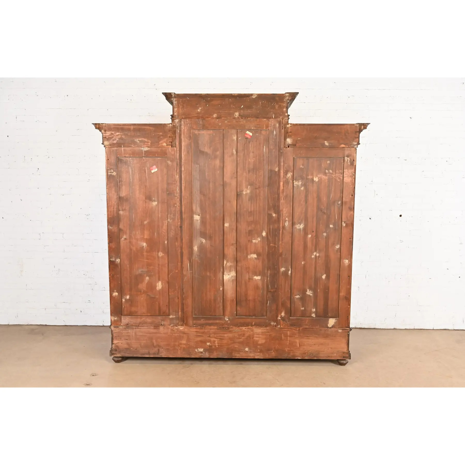 Herter Brothers Style Monumental Antique Eastlake Victorian Carved Walnut and Burl Wood Triple Bookcase Cabinet - Image 12