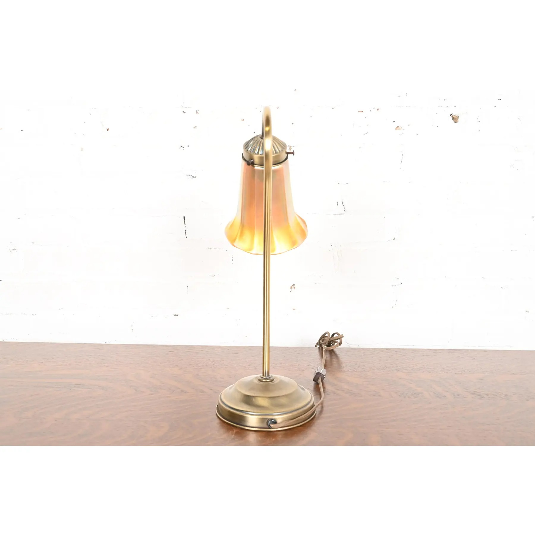 Art Deco Brass Desk Lamp With Quezal Favrile Art Glass Shade - Image 12