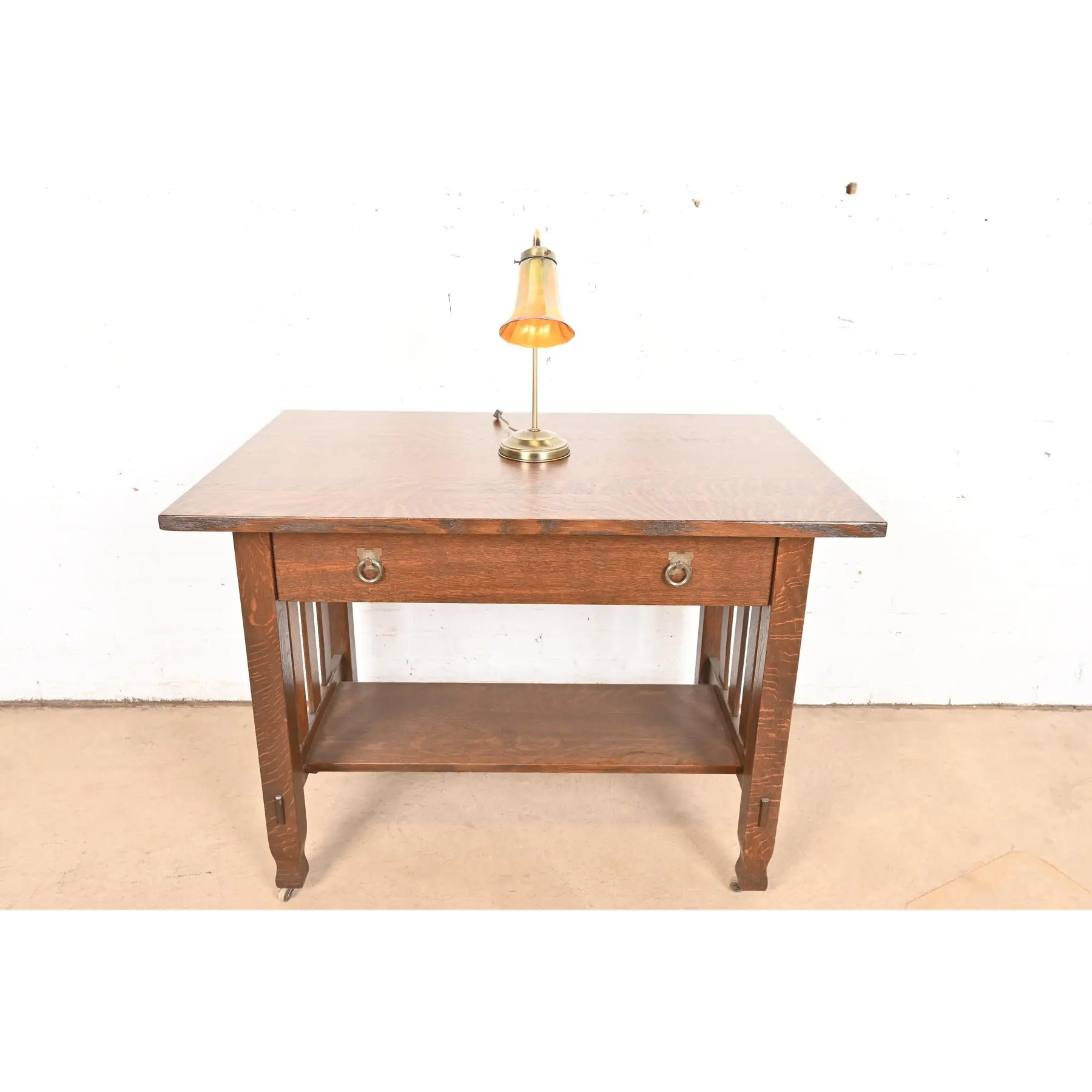 Art Deco Brass Desk Lamp With Quezal Favrile Art Glass Shade - Image 13