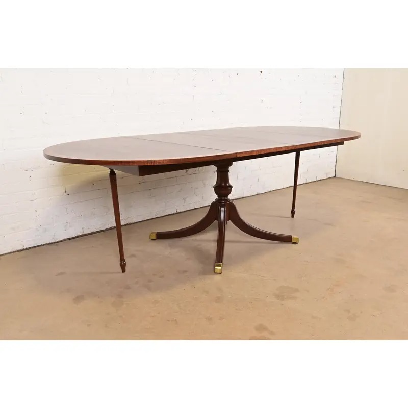 Baker Furniture Style Georgian Banded Mahogany Pedestal Extension Dining Table, Newly Refinished - Image 11