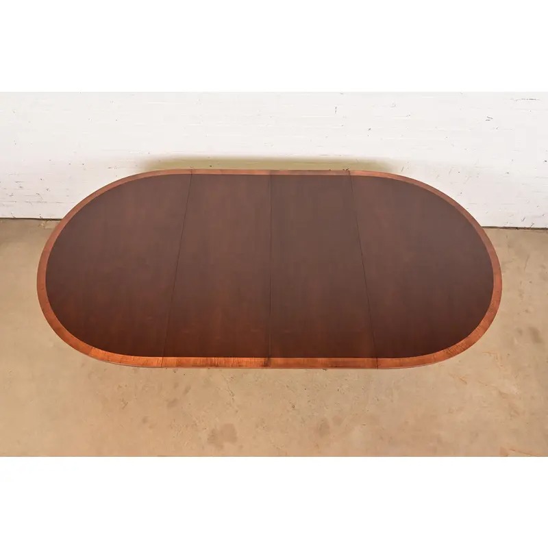 Baker Furniture Style Georgian Banded Mahogany Pedestal Extension Dining Table, Newly Refinished - Image 12
