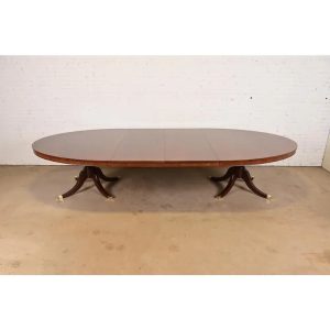 Baker Furniture Style English Georgian Mahogany Monumental Oval Double Pedestal Extension Dining Table, Newly Refinished