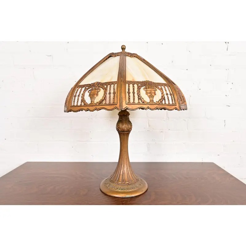 Antique Art Nouveau Slag Glass Table Lamp in the Manner of Handel, Circa 1910