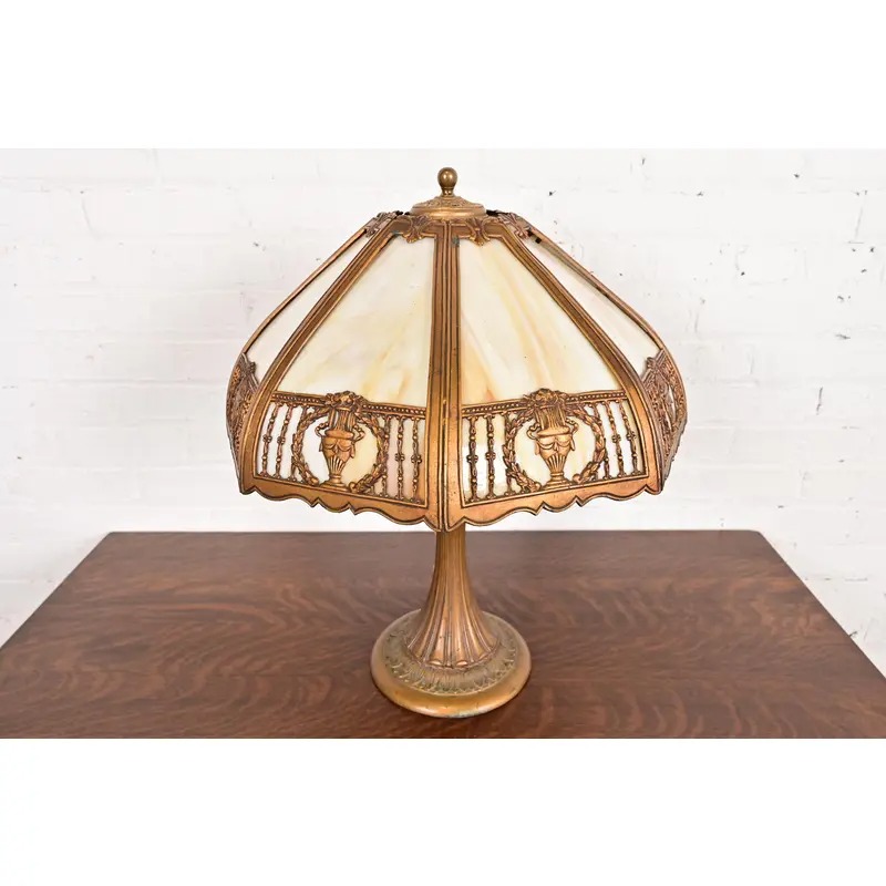 Antique Art Nouveau Slag Glass Table Lamp in the Manner of Handel, Circa 1910 - Image 2