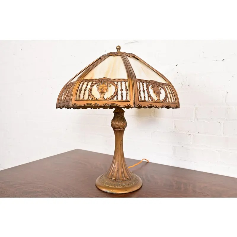 Antique Art Nouveau Slag Glass Table Lamp in the Manner of Handel, Circa 1910 - Image 3