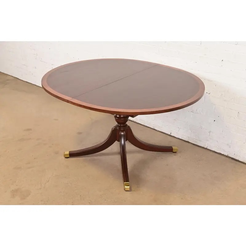 Baker Furniture Style Georgian Banded Mahogany Pedestal Extension Dining Table, Newly Refinished - Image 4