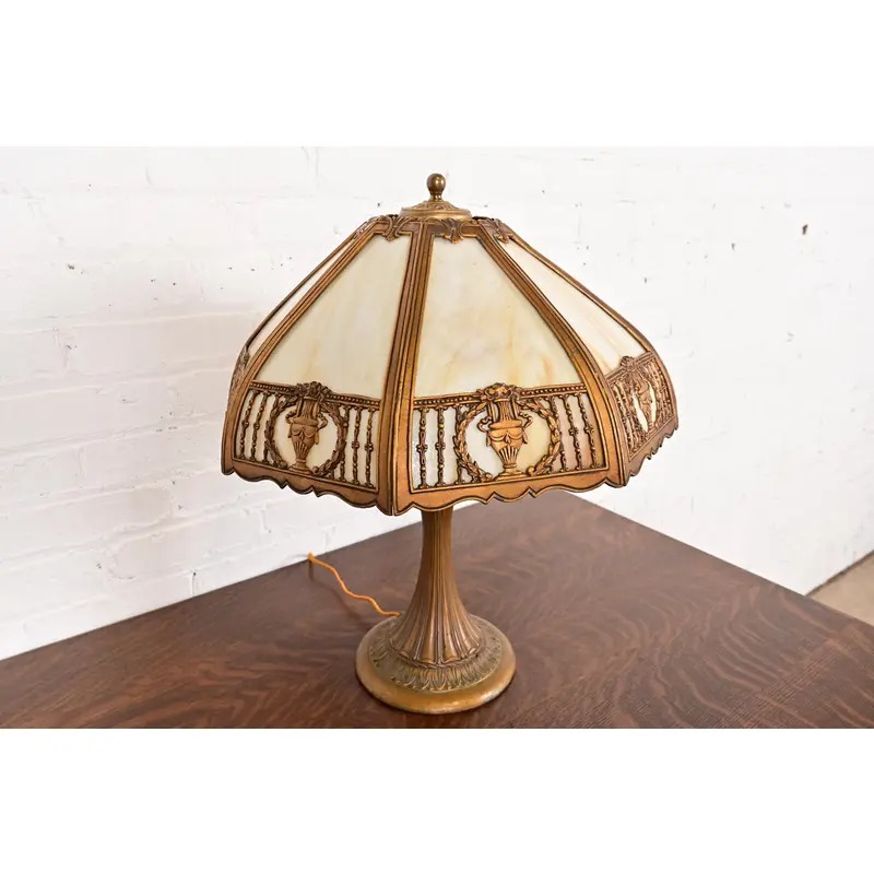 Antique Art Nouveau Slag Glass Table Lamp in the Manner of Handel, Circa 1910 - Image 4