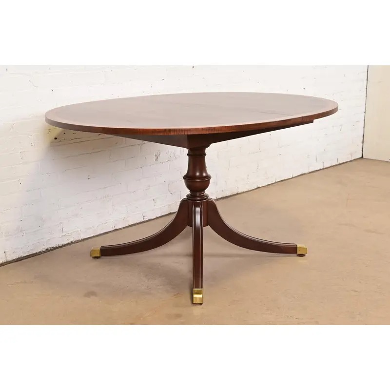 Baker Furniture Style Georgian Banded Mahogany Pedestal Extension Dining Table, Newly Refinished - Image 5