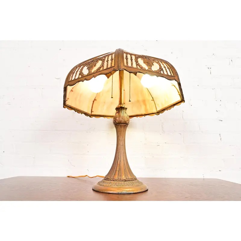 Antique Art Nouveau Slag Glass Table Lamp in the Manner of Handel, Circa 1910 - Image 5