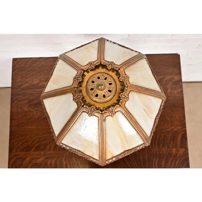 Antique Art Nouveau Slag Glass Table Lamp in the Manner of Handel, Circa 1910 - Image 7
