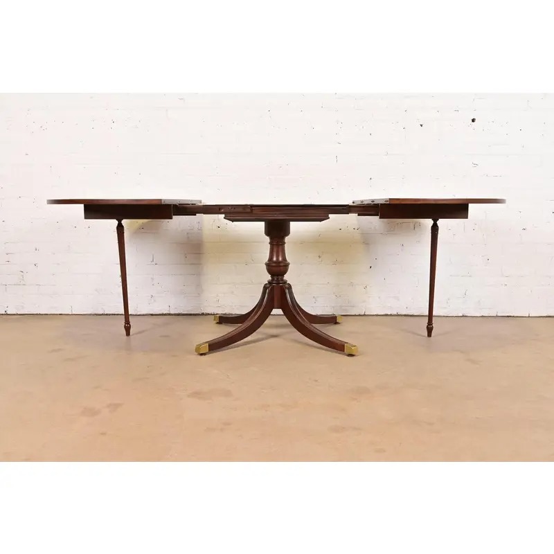 Baker Furniture Style Georgian Banded Mahogany Pedestal Extension Dining Table, Newly Refinished - Image 8