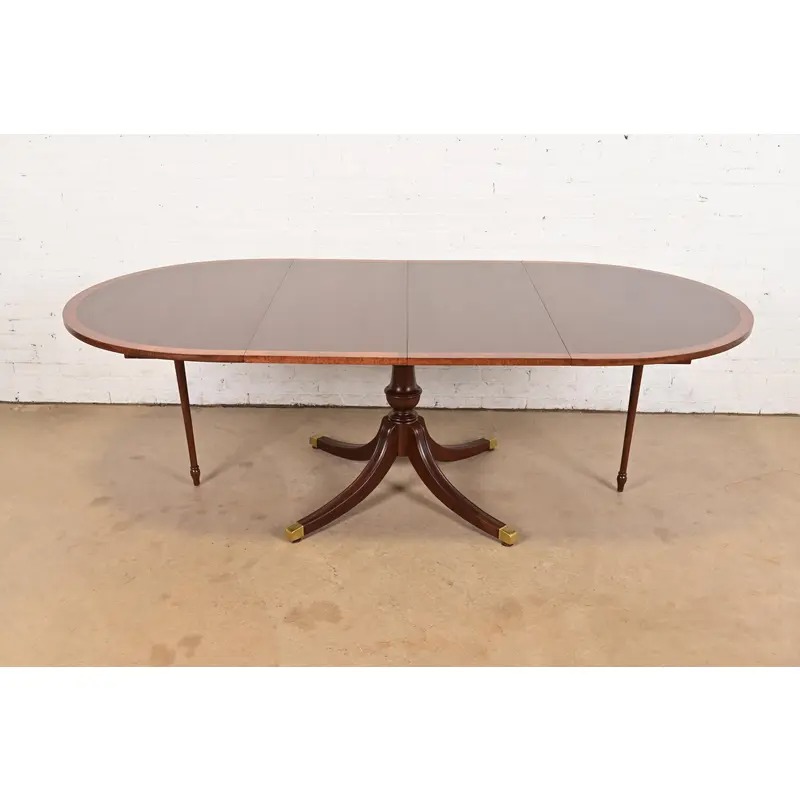 Baker Furniture Style Georgian Banded Mahogany Pedestal Extension Dining Table, Newly Refinished - Image 9