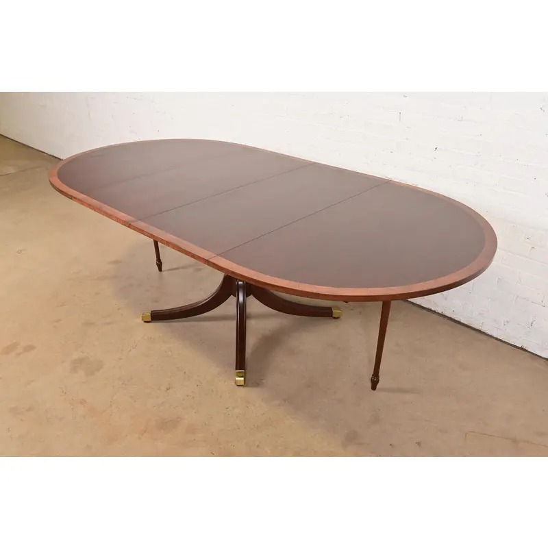 Baker Furniture Style Georgian Banded Mahogany Pedestal Extension Dining Table, Newly Refinished - Image 10