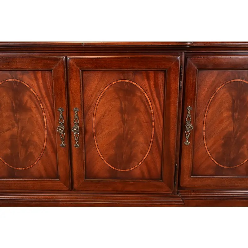 Thomasville Georgian Carved Flame Mahogany Lighted Breakfront Bookcase Cabinet - Image 9