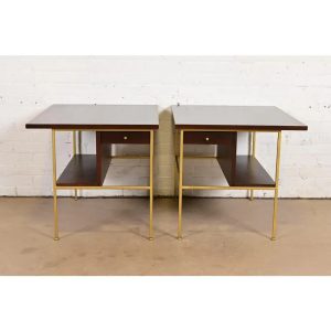 Paul McCobb Irwin Collection Mahogany and Brass Nightstands or End Tables, Newly Refinished