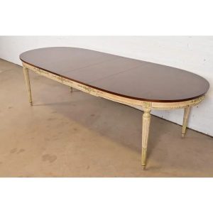 Kindel Furniture Style French Regency Louis XVI Burl Wood Parcel Painted Extension Dining Table, Circa 1960s