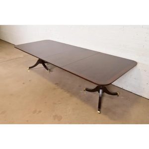 Kindel Furniture Georgian Banded Mahogany Double Pedestal Extension Dining Table, Newly Refinished