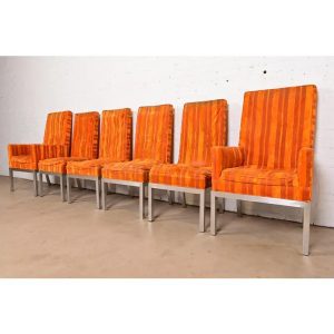 Leon Rosen for Pace Collection Mid-Century Modern Chrome and Upholstered Dining Chairs, Set of Six