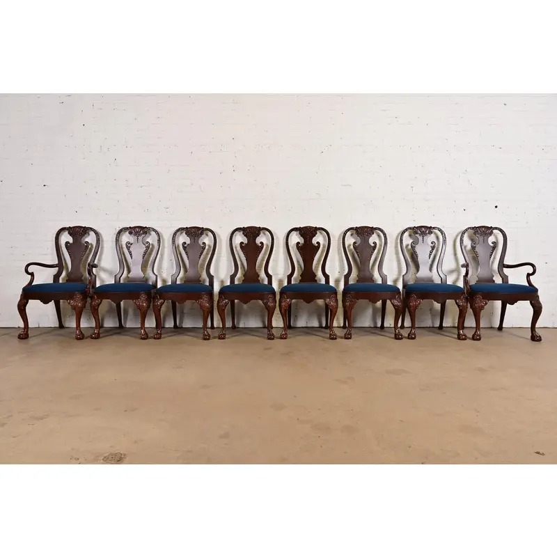 Baker Furniture Stately Homes Georgian Carved Burled Walnut Dining Chairs, Newly Refinished - Image 2