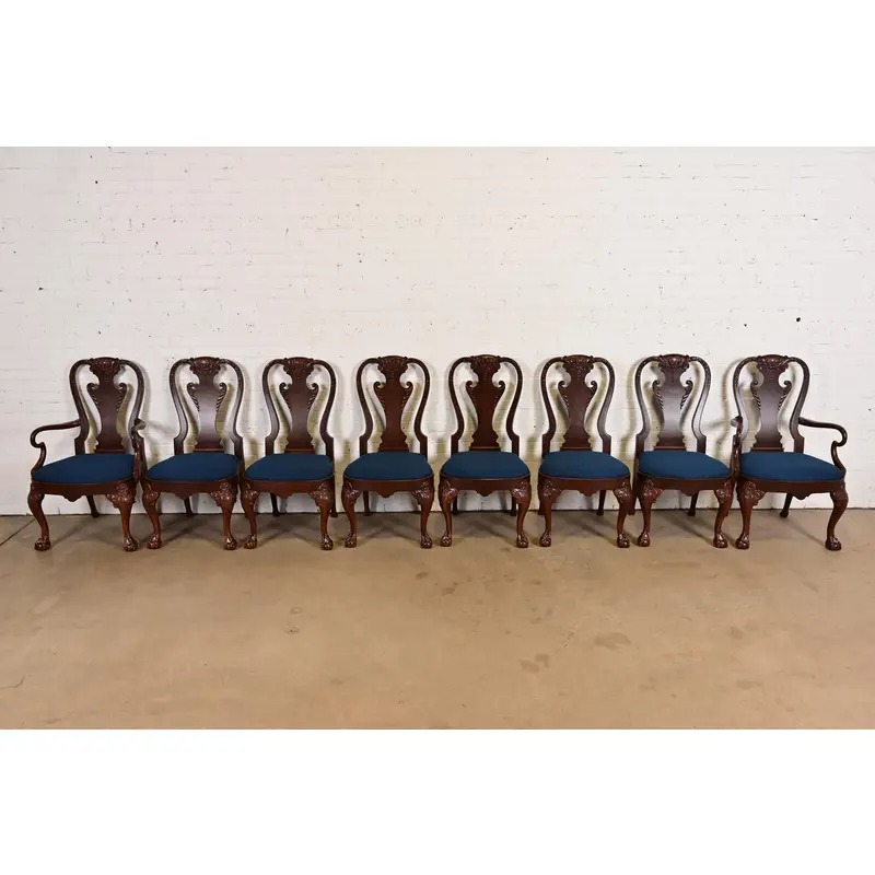 Baker Furniture Stately Homes Georgian Carved Burled Walnut Dining Chairs, Newly Refinished - Image 3