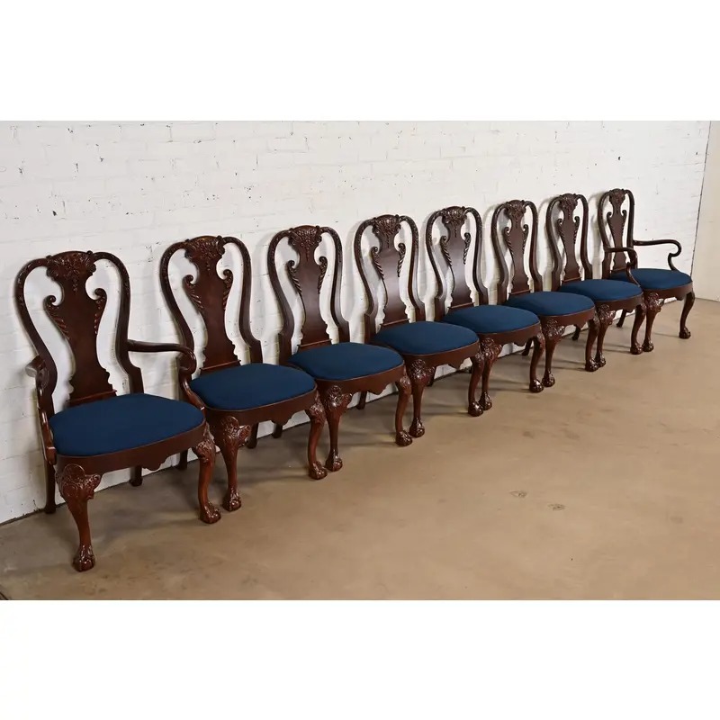 Baker Furniture Stately Homes Georgian Carved Burled Walnut Dining Chairs, Newly Refinished - Image 4