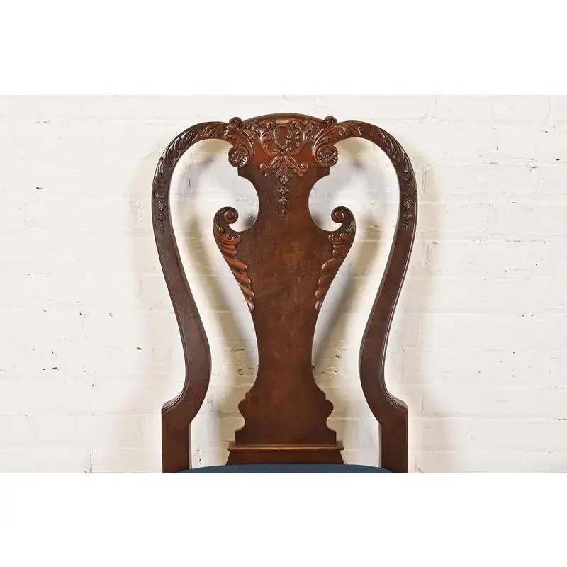 Baker Furniture Stately Homes Georgian Carved Burled Walnut Dining Chairs, Newly Refinished - Image 5