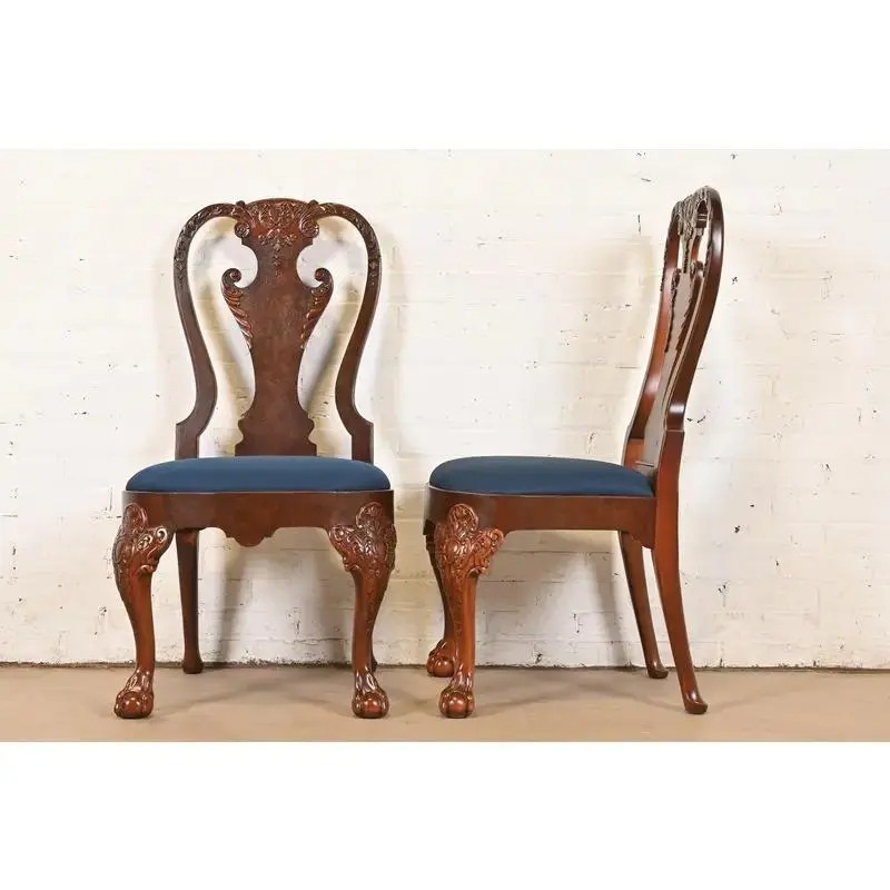 Baker Furniture Stately Homes Georgian Carved Burled Walnut Dining Chairs, Newly Refinished - Image 9