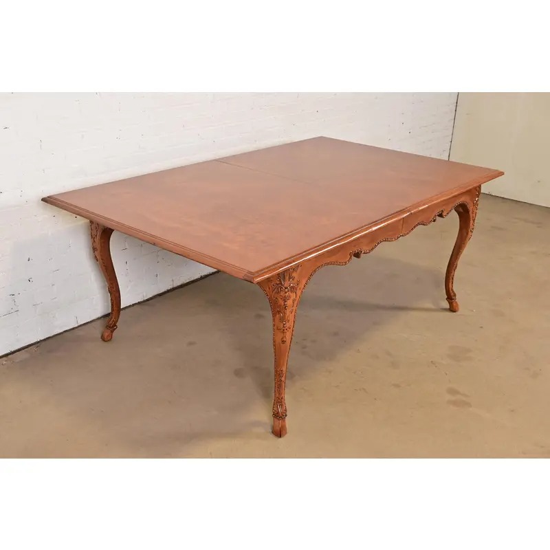 Baker Furniture Italian Provincial Carved Cherry and Burl Wood Extension Dining Table, Newly Refinished - Image 10