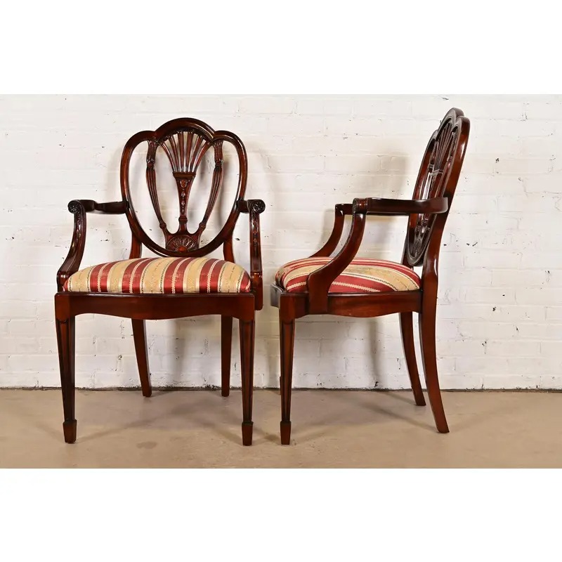 Baker Furniture Style Federal Carved Mahogany Shield Back Armchairs, Pair - Image 10