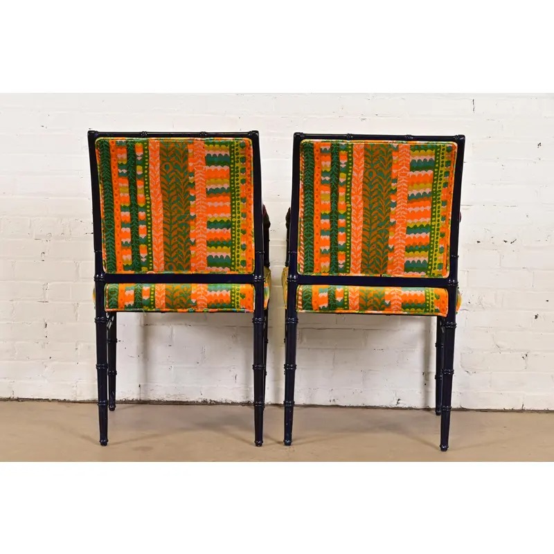 Mid-Century Hollywood Regency Ebonized Faux Bamboo Armchairs With Jack Lenor Larsen Upholstery, Pair - Image 10