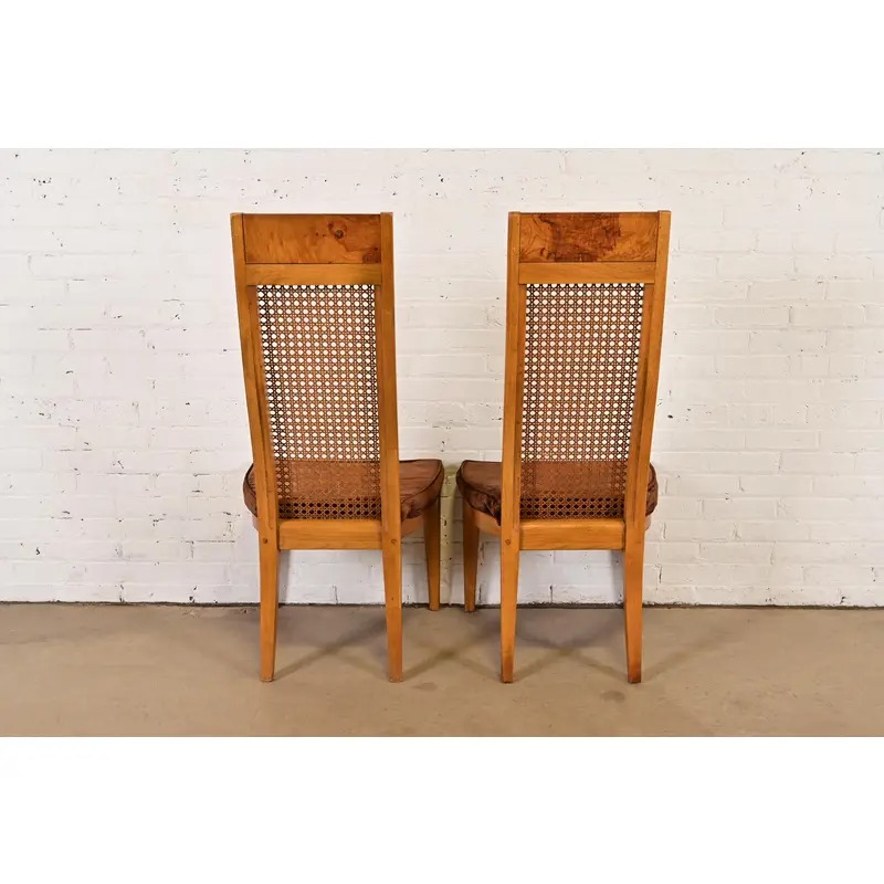 Milo Baughman Style Mid-Century Modern Burl Wood and Cane High Back Dining Chairs by Lane, Set of Four - Image 10