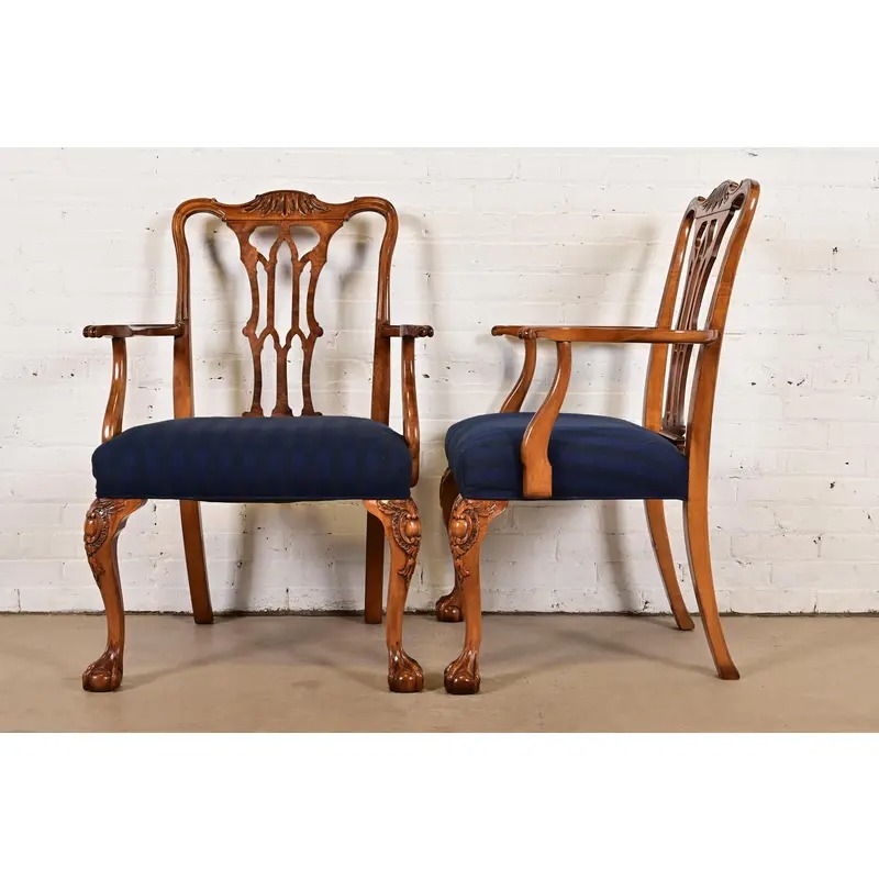 Romweber Chippendale Carved Walnut and Burl Wood Armchairs, Pair - Image 10